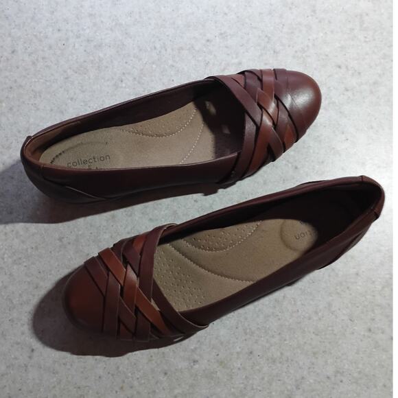 Clarks Leather Braided Flats 6 Brown Minimalist Comfort Classic Quietlux Neutral - Picture 8 of 10